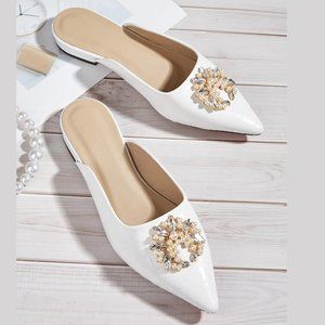 NEW Crocodile Pattern Flat Mules with Rhinestone & Faux Pearl, Sz EU 38( US 7.5)